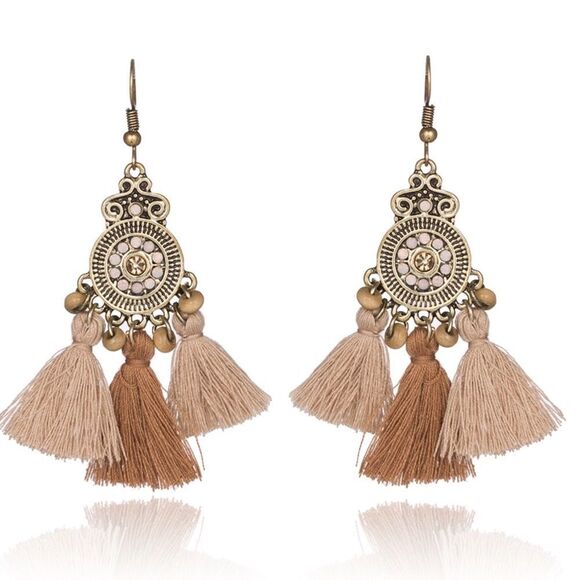 Boho Tan Brown Tassel Gold Tone Filigree Earrings NWT - Picture 1 of 4